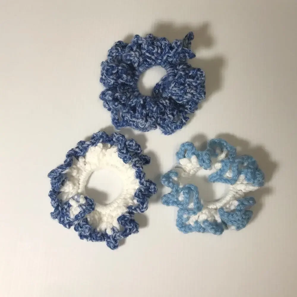NWT Blue White Handmade Crocheted Hair Scrunchie by Dawny Set of 3